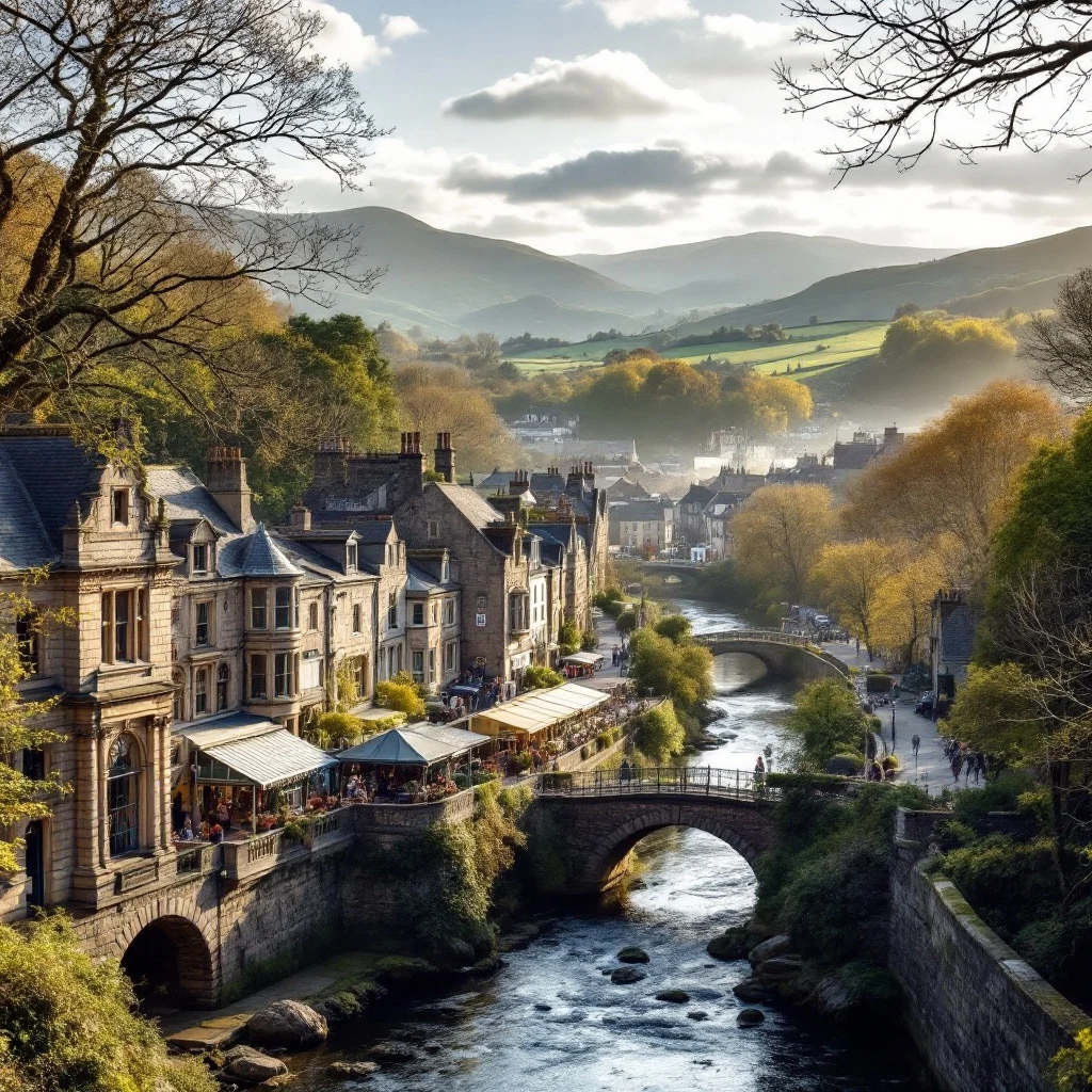 Tavistock town centre Devon with Dartmoor hills in background